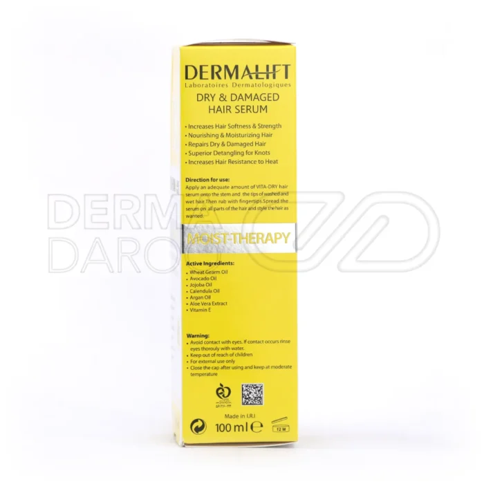 سرم مو درمالیفت با عصاره آلوئه‌ورا و ویتامین E، موهای آسیب‌دیده را مغذی کرده و گره مو را به‌آرامی باز می‌کند