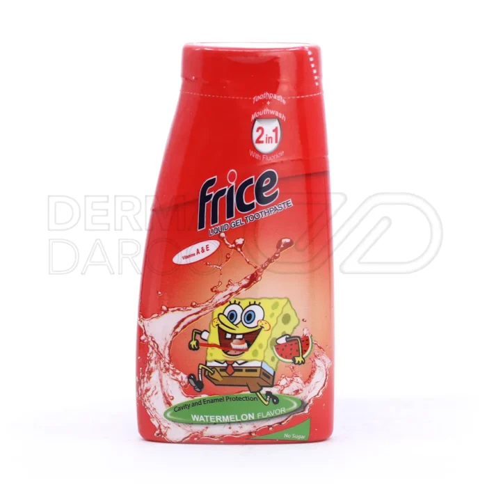 frice-watermelon-tooth-paste-for-kids-100-g (1) خمیر دندان ژلهای کودک فریس در تیوب پلاستیکی، طعم هندوانه، حاوی فلوراید 1000ppm، محافظ دندان و لثه