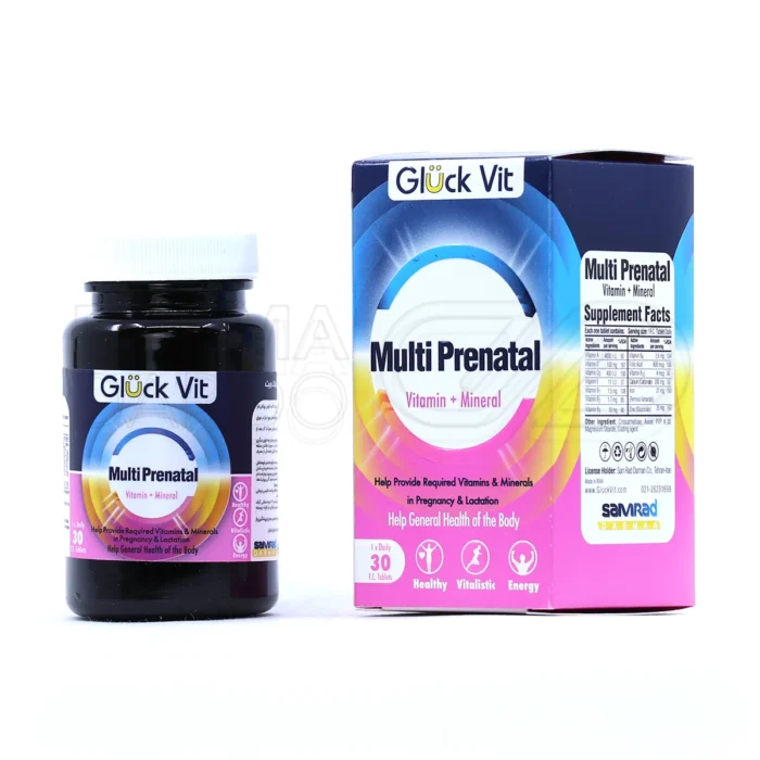 قرص مولتی پریناتال گلوک ویت، بسته‌بندی مقاوم، مکمل بارداری با ویتامین‌ها و مواد معدنی برای سلامت مادر و جنین.