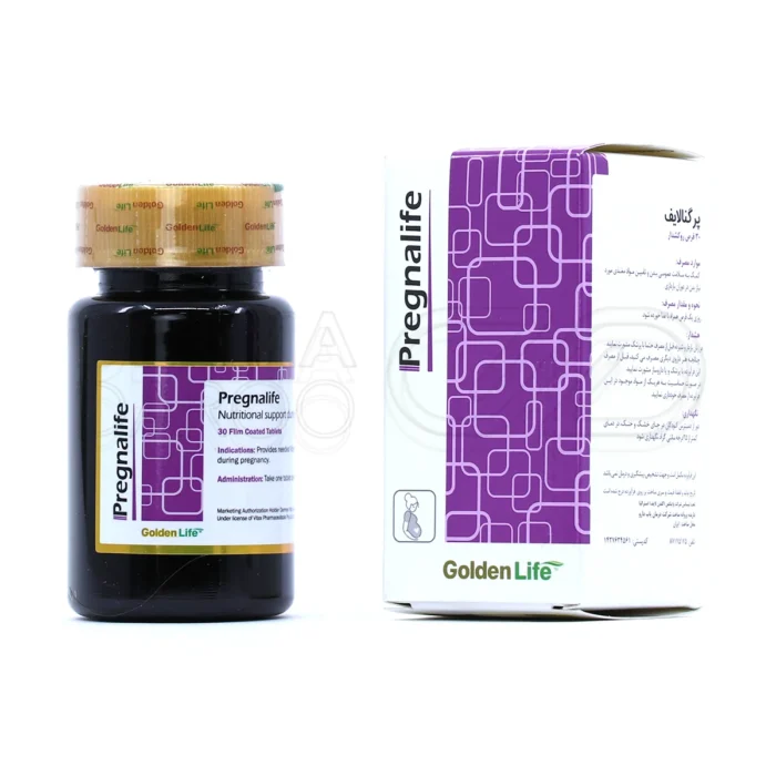 قرص پرگنالایف گلدن لایف، بسته‌بندی مقاوم، مکمل بارداری با ویتامین‌ها و مواد معدنی، فاقد گلوتن.