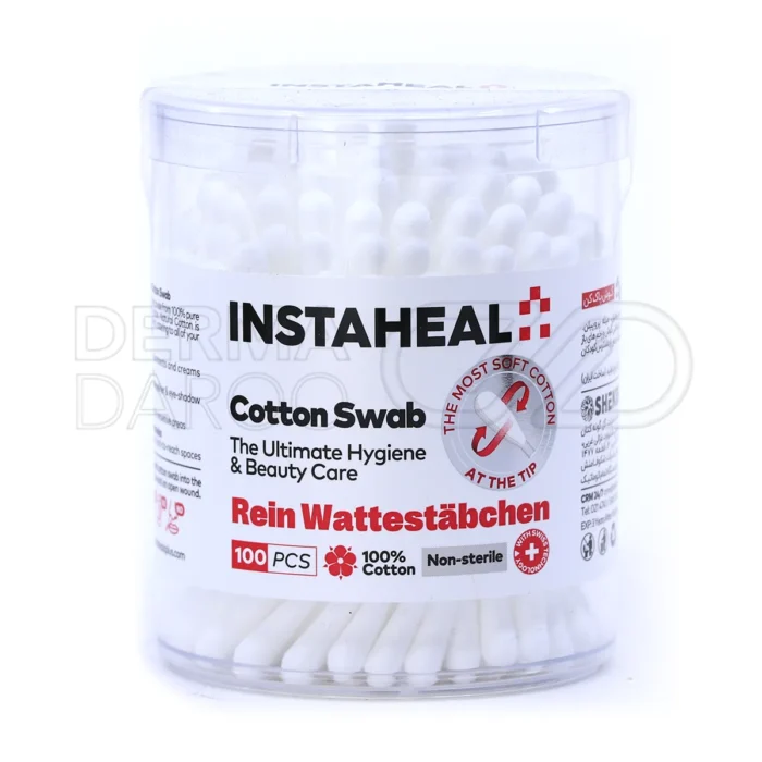 instaheal-cotton-swab-100-pcs (1) گوش پاک کن اینستاهیل در بستهبندی بهداشتی، با پنبه 100% خالص، مناسب پاکسازی گوش و آرایش چشم و لب