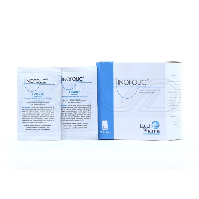 بسته‌بندی پودر خوراکی اینوفولیک لو لی فارما حاوی میو اینوزیتول و اسید فولیک برای بهبود عملکرد تخمدان و تنظیم هورمون بانوان