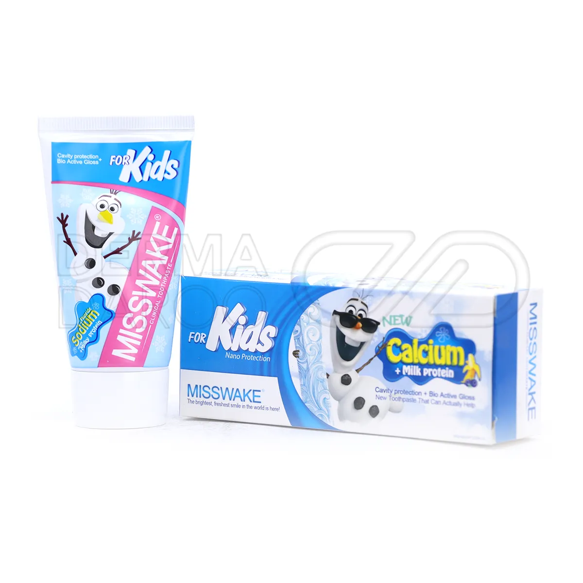 تیوب خمیر دندان کودک میسویک طعم موز با بسته بندی زرد و طرح کودکانه، حاوی کلسیم و پروتئین شیر برای محافظت از دندان شیری