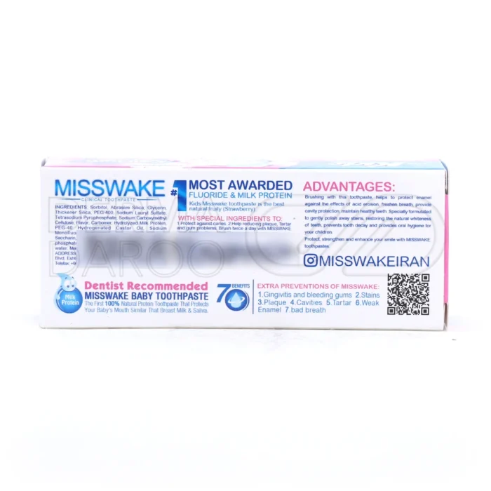 خمیر دندان کودک میسویک توت فرنگی با کلسیم فسفات و پروتئین شیر، کمک به کاهش پلاک و محافظت از پوسیدگی دندان های شیری کودکان بالای دو سال