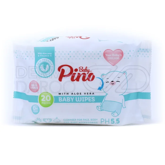 pino-baby-wipes-for-infant-and-kids-20-pcs (1) بسته دستمال مرطوب کودک پینو، حاوی عصاره آلوئه ورا و بابونه، مرطوب کننده، فاقد پارابن، ضد حساسیت