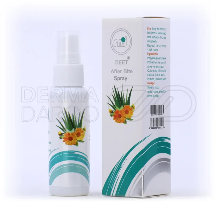 لوسیون بعد از نیش حشرات دیت در بطری اسپری پلاستیکی، حاوی عصاره آلوئه ورا و گل همیشه بهار برای تسکین پوست