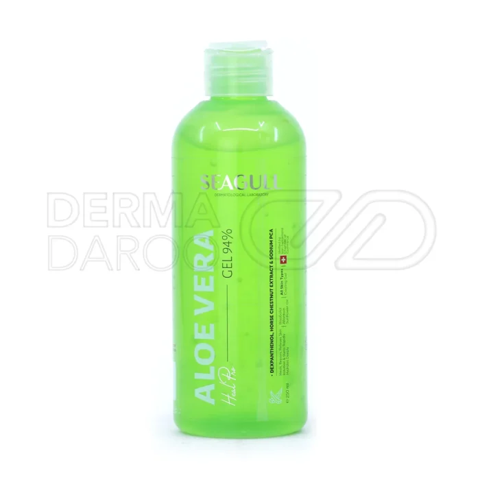seagull-aloe-vera-gel-for-all-skin-types-250-ml (1) تیوب ژل آلوئه ورا 94 درصد سی گل با بسته بندی سبز و سفید، حاوی عصاره آلوئه ورا و شاه بلوط هندی، مناسب انواع پوست