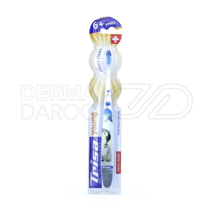 trisa-smart-clean-kids-for-6-plus-years-toothbrush (1) مسواک کودک تریزا، با الیاف نرم کوتاه و بلند، در بستهبندی، پاککننده پلاکهای دندانی، مناسب کودکان بالای ۶ سال.