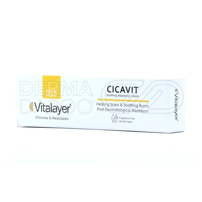 کرم ترمیم‌کننده ویتالیر، با ویتامین C و آلوئه‌ورا، ضد جای زخم، تسریع‌کننده بهبود، مناسب پوست پس از لیزر درمانی.
