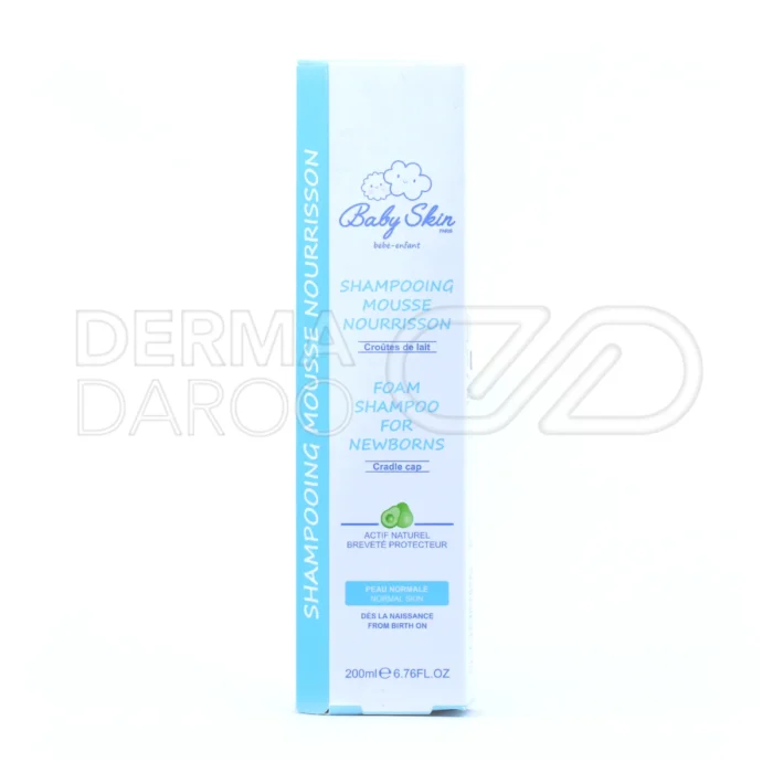 فوم شستشوی نوزادان بیبی اسکین، ضد شوره و چربی، بدون صابون و سولفات، با کلیمبازول، مناسب پوست سر حساس.