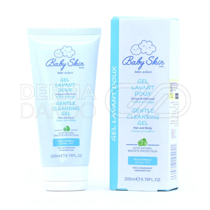 baby-skin-gentle-hair-and-body-cleansing-gel-200-ml (1) ژل شستشوی کودک با بستهبندی پمپدار، حاوی عصاره بابونه و روغن آووکادو، پاککننده ملایم مو و پوست، بدون پارابن و الکل.