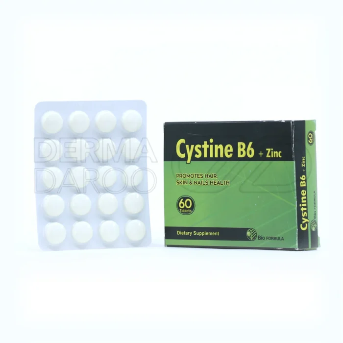 تصویر بسته‌بندی قرص سیستین B6 و زینک بایو فرمولا، مکمل تقویت مو و ناخن با ترکیبات ال‌سیستین، آرژنین، ویتامین B6 و زینک مناسب برای کاهش ریزش مو و سم‌زدایی بدن
