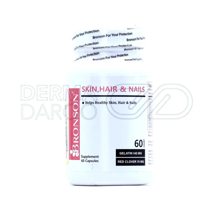 نمایی از بسته‌بندی کپسول هیر اسکین اند نیلز برونسون همراه با تصویر کپسول‌ها؛ مکملی سرشار از ویتامین‌ها و آنتی‌اکسیدان‌ها برای تقویت مو، پوست و ناخن‌ها