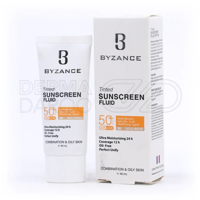 فلوئید ضد آفتاب کرم پودری SPF50+ بیزانس، با گلیسیرین و سالیسیلیک اسید، در بسته‌بندی، کاور کامل پوست، ضد لک و آکنه، مناسب پوست چرب.
