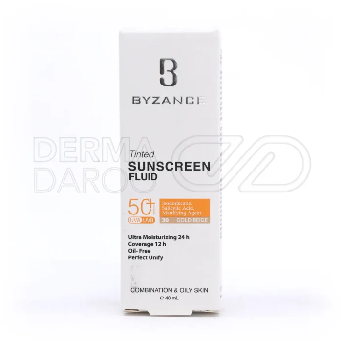 کرم پودری ضد آفتاب بیزانس SPF50+، با آلومینیوم هیدروکساید، ضد لک و جوش، رطوبت‌رسان، بدون چربی، قابل استفاده دور چشم.