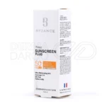 فلوئید ضد آفتاب بیزانس، با اتیل هگزیل متوکسی سینامات، SPF50+، رطوبت‌رسان قوی، ضد آکنه، کاور ۱۲ ساعته، مناسب پوست چرب.