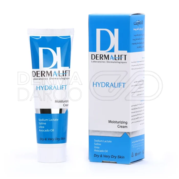 کرم مرطوب‌کننده هیدرالیفت درمالیفت، با گلیسیرین و روغن آووکادو، در تیوپی، آبرسانی ۲۴ ساعته، نرم‌کننده پوست، مناسب پوست خشک.
