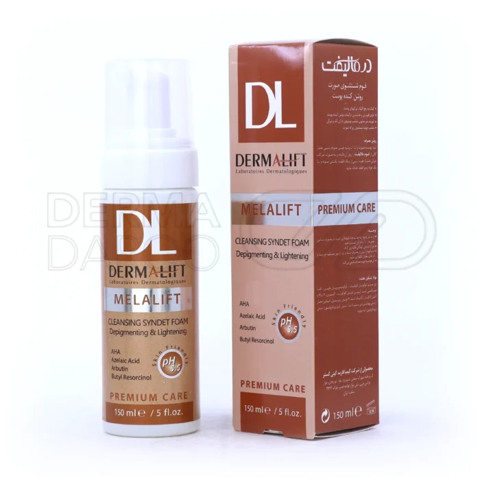 dermalift-melalift-cleansing-syndent-foam-150-ml (1) فوم شستشوی صورت ملالیفت درمالیفت در بطری پمپی، حاوی آربوتین و آزلائیک اسید، روشن کننده و ضد لک پوست