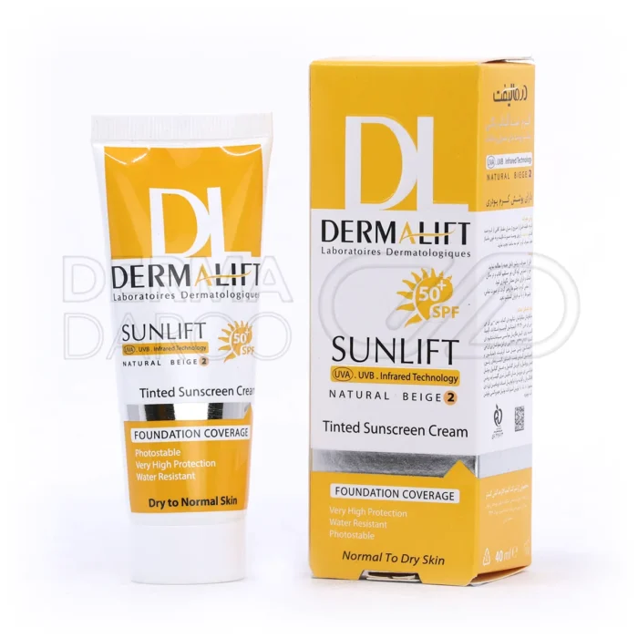 کرم ضدآفتاب رنگی درمالیفت SPF50 در بسته‌بندی شیک، با پوشش کرم‌پودری، محافظ پوست خشک و معمولی در برابر اشعه‌های مضر