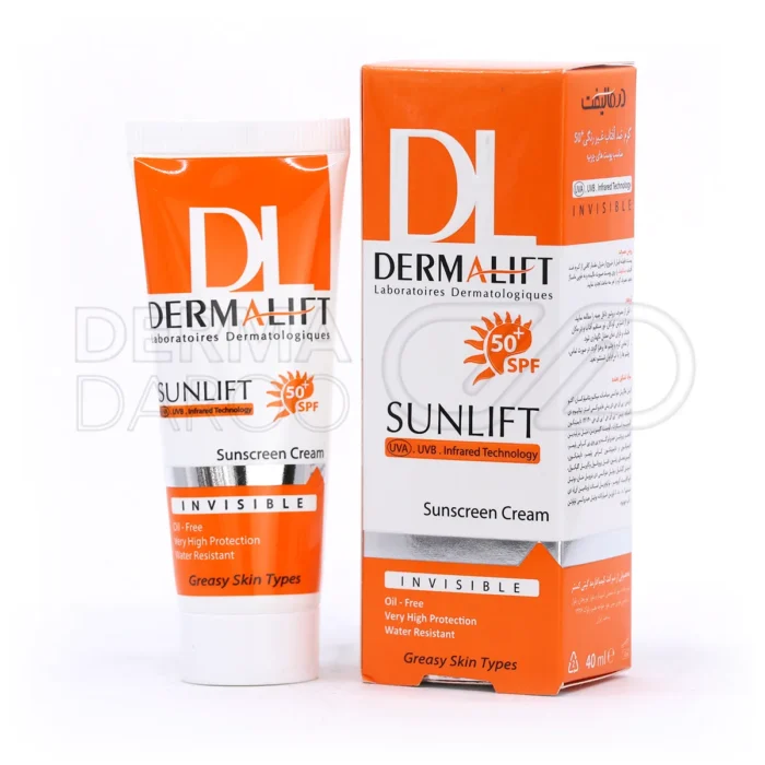 کرم ضد آفتاب بی‌رنگ SPF50 درمالیفت، مناسب پوست چرب، با تیتانیوم دی‌اکساید، در تیوپی، محافظ UVA و UVB، غیرچرب و آبرسان.