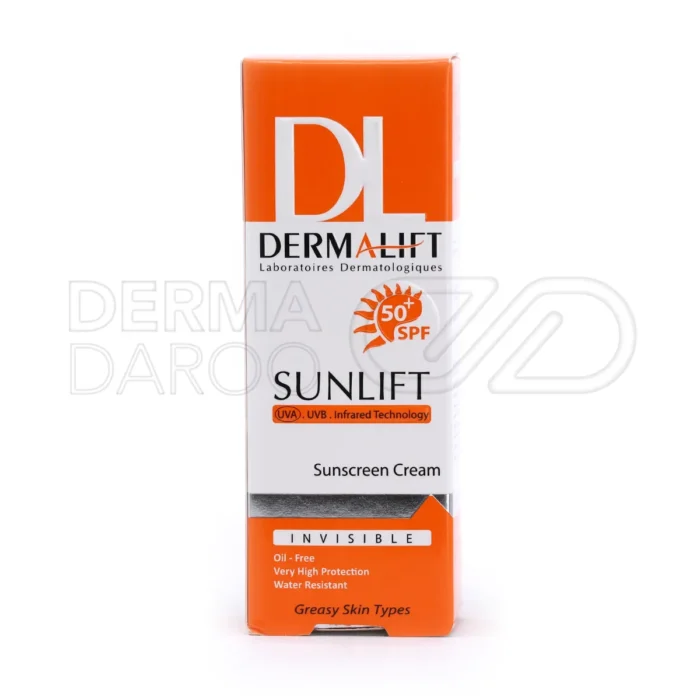 ضد آفتاب پوست چرب درمالیفت، با فنوکسی اتانول و پروپاندیول، SPF50، سبک، مهار تولید سبوم، رطوبت‌رسان، تجدید هر ۳ ساعت.