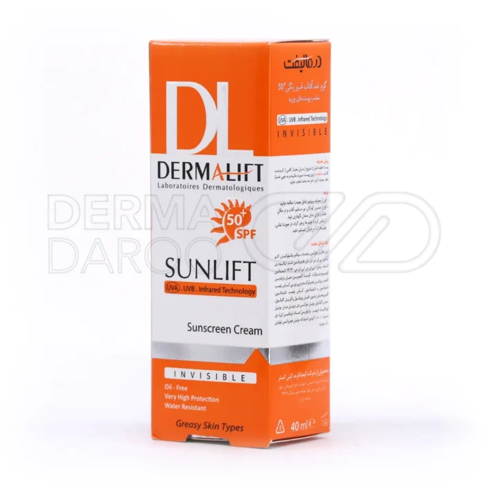 کرم SPF50 درمالیفت، با پلی‌سوربات ۶۰ و صمغ زانتان، محافظت در برابر اشعه آفتاب، آبرسان، مناسب پوست چرب، بدون اثر چربی.