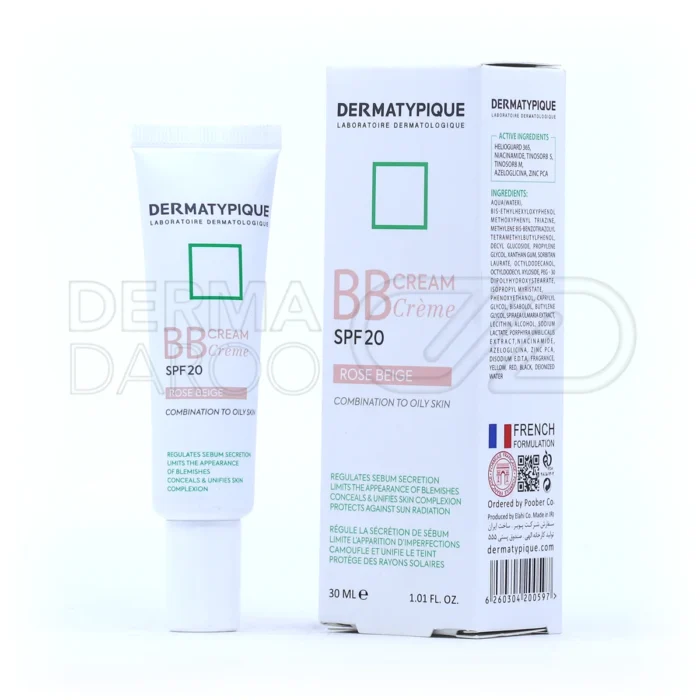 بی‌بی کرم درماتیپیک SPF20، مناسب پوست چرب و مختلط، با نیاسینامید، در بسته‌بندی تیوپی، ضد جوش و محافظ UV.