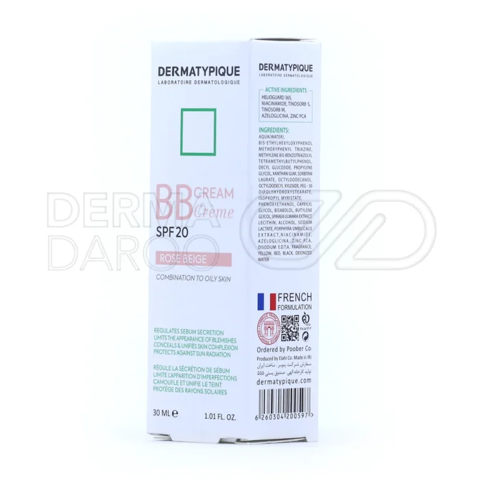 بی‌بی کرم SPF20 درماتیپیک، با آزیلوگلایسینا، کاهش براقیت پوست، محافظ UV، ضد جوش، مناسب پوست چرب و مختلط.