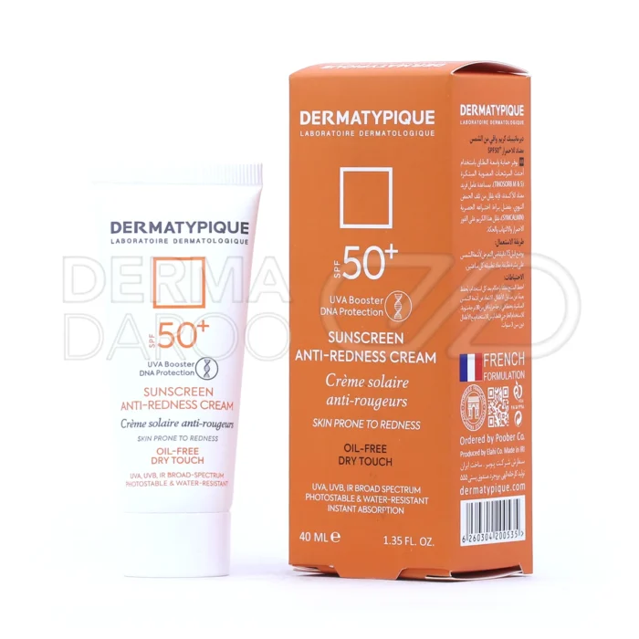 ضدآفتاب بی‌رنگ SPF50 درماتیپیک، مناسب پوست حساس و قرمز، با سیم کالمین، در تیوپی، ضد التهاب و محافظ UV.