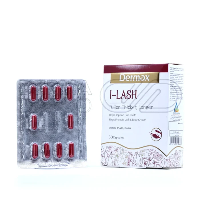 dermax-i-lash-30-caps (1) نمای نزدیک از کپسولهای آیلش درمکس، مکمل آنتیاکسیدانی برای تحریک رشد موهای ظریف صورت