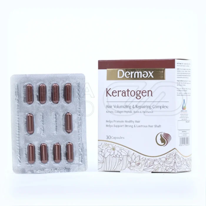 dermax-keratogen-30-caps (1) بستهبندی قرص کراتوژن درمکس حاوی ۲۵۰ میلیگرم کراتین و ۷۵۰ میلیگرم کلاژن پپتاید؛ مکمل تقویتی برای افزایش ضخامت و استحکام مو و توقف ریزش مو