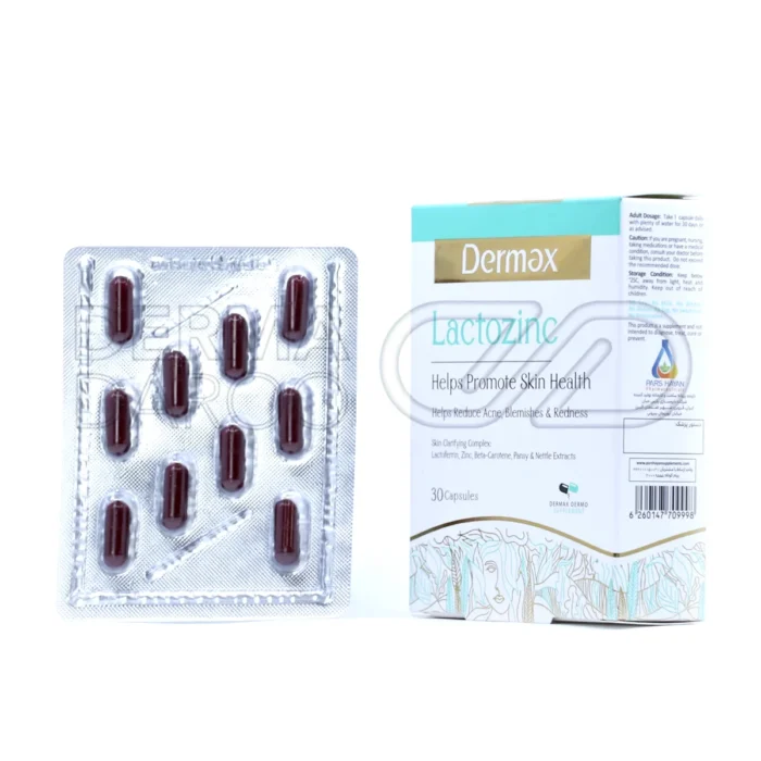 نمای نزدیک بسته‌بندی کپسول لاکتوزینک درمکس، مکمل تخصصی برای سلامت و شفافیت پوست