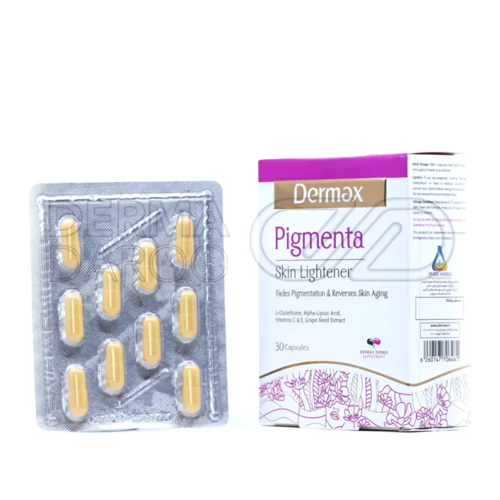 dermax-pigmenta-skin-lightener-30-caps (1) نمای نزدیک از کپسولهای Pigmenta حاوی آلفا لیپوئیک اسید، ویتامین E و گلوتاتیون برای روشن شدن پوست