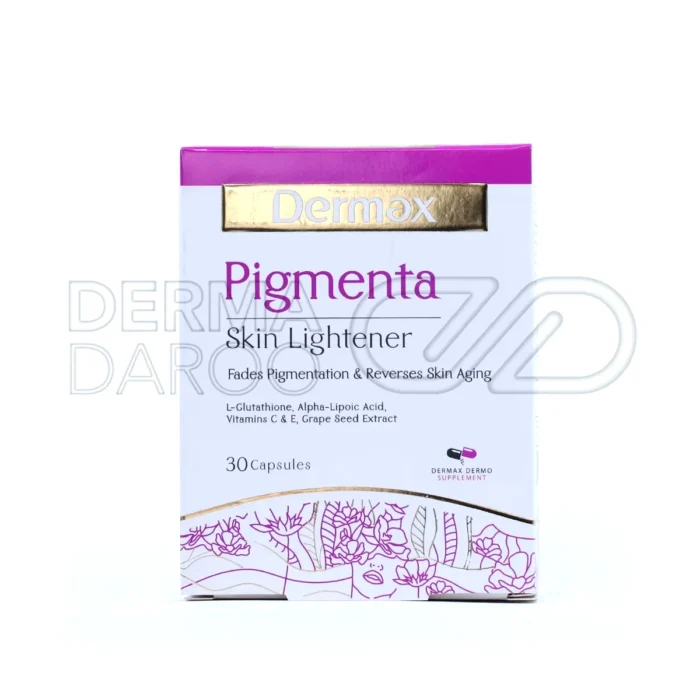 بسته‌بندی قرص پیگمنتا، فاقد گلوتن و شیرین‌کننده، مناسب برای کاهش تیرگی پوست و افزایش درخشندگی طبیعی