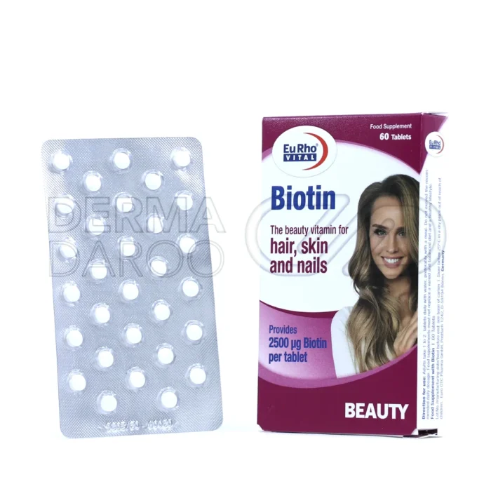 قرص بیوتین ۲۵۰۰ میکروگرم یوروویتال در بسته‌بندی سفید و آبی حاوی ۶۰ عدد مکمل برای سلامت پوست، مو و ناخن