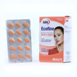 تصویر بسته‌بندی و قرص اکوفاین یوروویتال، مکمل حاوی ویتامین‌ها، مواد معدنی، آمینو اسیدها و اسپیرولینا برای تقویت پوست، مو، ناخن و سیستم ایمنی