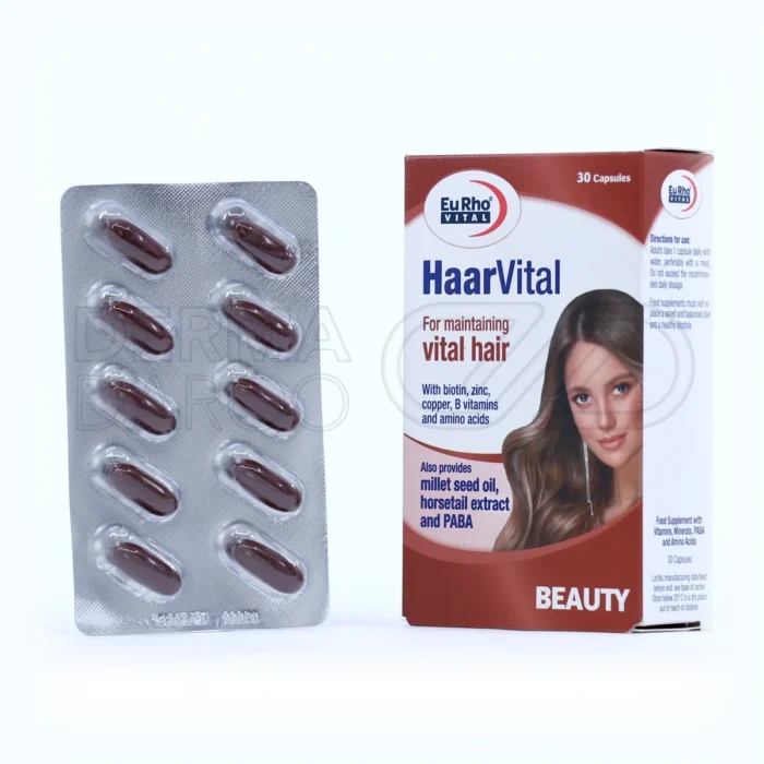 eurho-vital-haar-vital-30-caps (1) بسته کپسول هرویتال یوروویتال، مکمل تغذیهای تقویت مو حاوی بیوتین، زینک، و ترکیبات گیاهی، ساخت تحت لیسانس آلمان