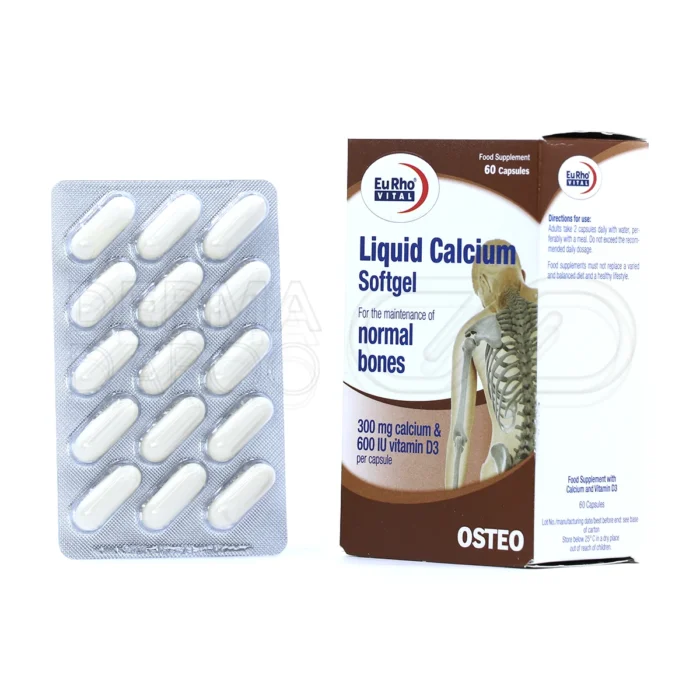 eurho-vital-liquid-calcium-60-softgels (1) سافت ژل لیکوئید کلسیم یوروویتال، بستهبندی مقاوم، مکمل کلسیم و D، تقویت استخوان.
