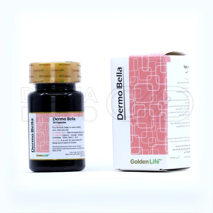 کپسول درموبلا گلدن لایف در بسته‌بندی طلایی و سفید، مکمل تقویتی پوست، مو و ناخن حاوی ویتامین‌ها و مواد معدنی نظیر ویتامین C، A، E، بیوتین، زینک و سیلیکا