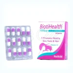 کپسول بیوتی هلث ۱۰۰۰ میکروگرم هلث اید در بسته‌بندی سفید و بنفش حاوی ۳۰ عدد مکمل برای تقویت مو، ناخن و پوست