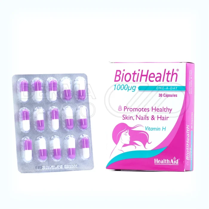 کپسول بیوتی هلث ۱۰۰۰ میکروگرم هلث اید در بسته‌بندی سفید و بنفش حاوی ۳۰ عدد مکمل برای تقویت مو، ناخن و پوست