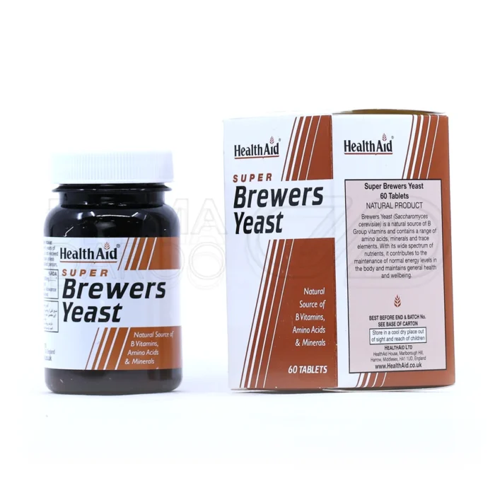 health-aid-brewers-yeast-60-tablets (1) قرص مخمر آبجو هلث اید؛ مکمل طبیعی حاوی ویتامینهای گروه ب و مواد معدنی برای بهبود گوارش، تقویت پوست، مو و ناخن، و افزایش انرژی بدن