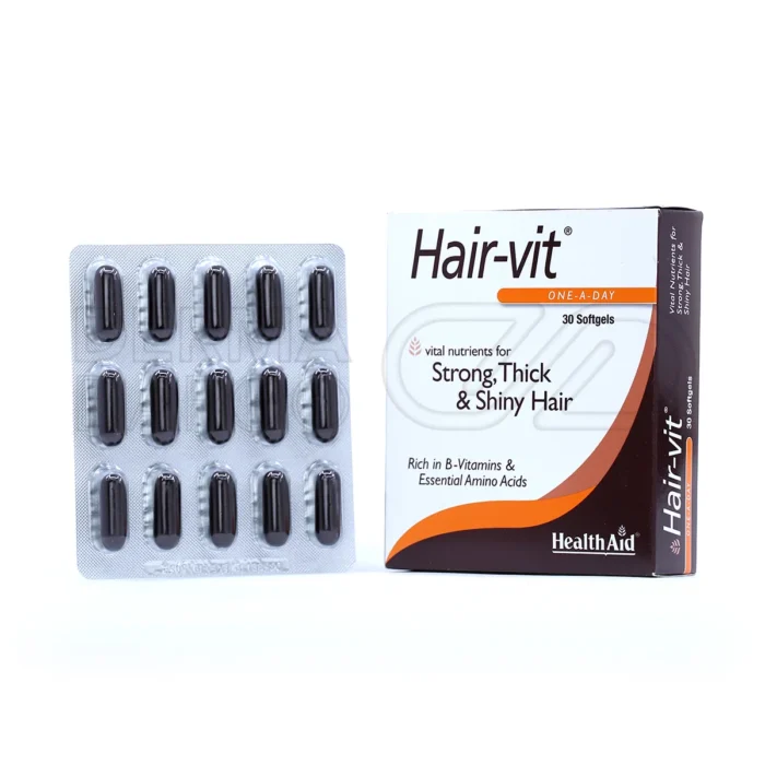 health-aid-hair-vit-30-softgels (1) کپسول هیرویت به همراه جعبه محصول؛ مکمل تغذیهای کامل برای تقویت مو، جلوگیری از ریزش و سفید شدن موها، حاوی ویتامینها، مینرالها و اسیدهای آمینه