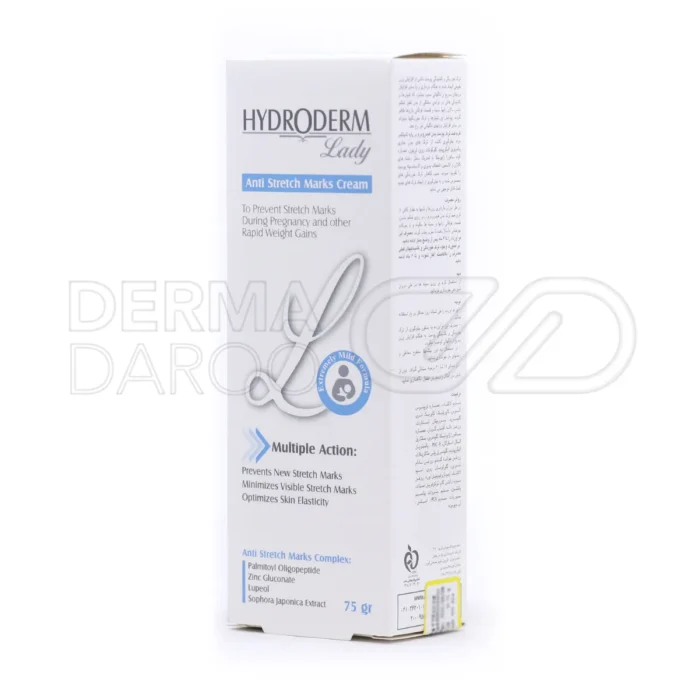 کرم ضد ترک بدن هیدرودرم با روغن بادام شیرین و ویتامین E، پوست را ترمیم کرده و انعطاف‌پذیری آن را بهبود می‌بخشد