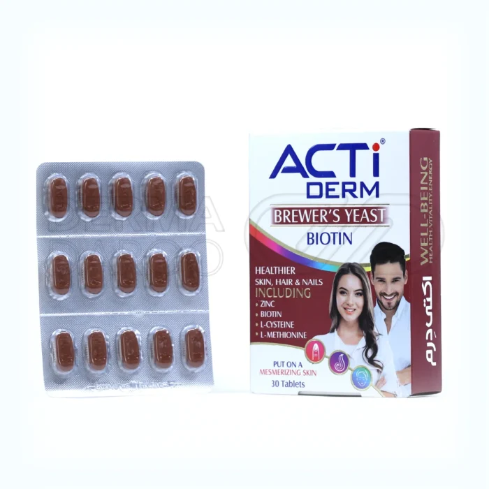 بسته‌بندی قرص اکتی درم لیبرتی؛ مکمل تقویت پوست، مو و ناخن با ترکیباتی از زینک، بیوتین و ال-متیونین در جعبه سفید و بنفش حاوی ۳۰ عدد قرص