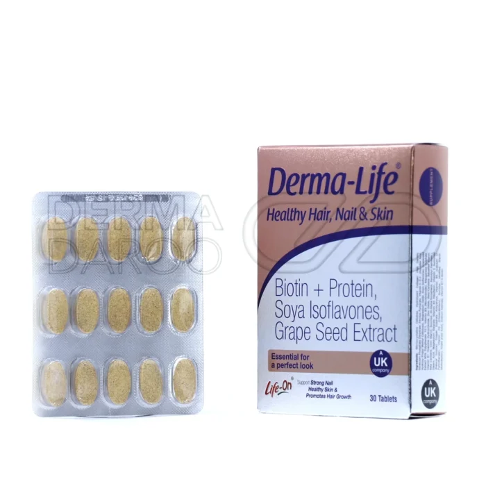 نمای نزدیک از قرص‌های درما لایف با فرمولاسیون سرشار از ویتامین A، C، D و E برای تقویت مو و ناخن