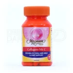 کپسول کلاژن و ویتامین C مگنوم ویتامینز، با ۱۰۰۰ میلی‌گرم بایوسل کلاژن، در بسته‌بندی، تقویت پوست، مو و ناخن، بهبود مفاصل.