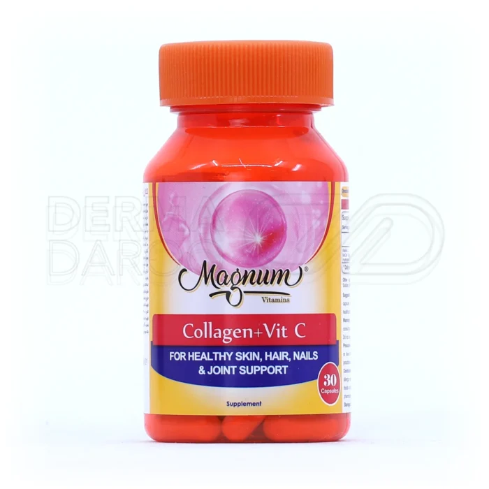 کپسول کلاژن و ویتامین C مگنوم ویتامینز، با ۱۰۰۰ میلی‌گرم بایوسل کلاژن، در بسته‌بندی، تقویت پوست، مو و ناخن، بهبود مفاصل.