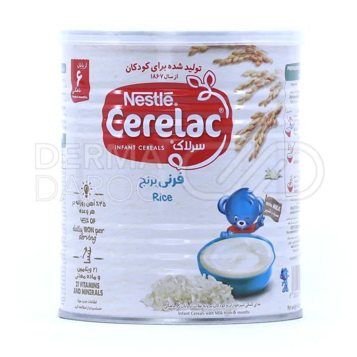 سرلاک برنج با شیر نستله، بسته‌بندی مقاوم، غذای کمکی کودک، حاوی ۲۱ ویتامین و ماده معدنی، مناسب از ۶ ماهگی.