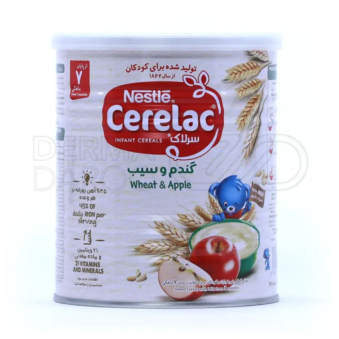 nestle-cerelac-wheat-apple-with-milk-400g-00 سرلاک گندم و سیب به همراه شیر نستله مناسب کودکان از پایان ۷ ماهگی ۴۰۰ گرم